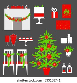 Christmas decoration at home. Christmas tree, lanterns, candles, fireplace, chairs, cake and gifts.
