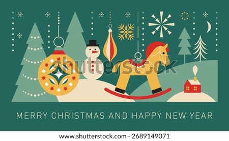 Christmas decoration, horizontal banner, vector xmas card in vintage style and retro colors palette
