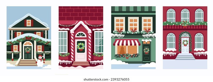 Christmas decoration of houses. Set of vector cartoon templates for banners, flyers, cards, posters, brochures. Happy New Year and Merry Christmas. Vector holiday illustration