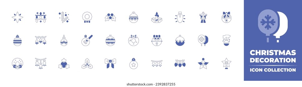 Christmas decoration icon collection. Duotone style line stroke and bold. Vector illustration. Containing star, bauble, mistletoe, pine, christmas lights, christmas wreath, ornament, christmas ball.