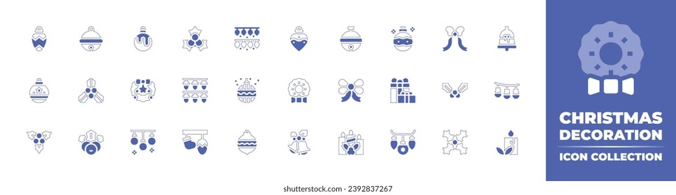 Christmas decoration icon collection. Duotone style line stroke and bold. Vector illustration. Containing ornament, christmas ball, lights, christmas wreath, christmas presents.