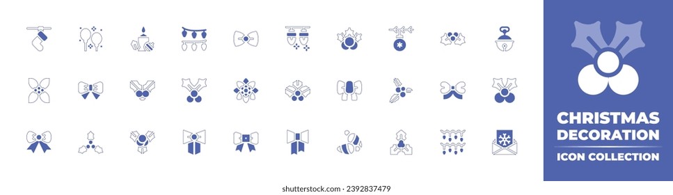 Christmas decoration icon collection. Duotone style line stroke and bold. Vector illustration. Containing sock, candle, bow, mistletoe, poinsettia, ribbon, christmas lights, lights, balloons, bauble.