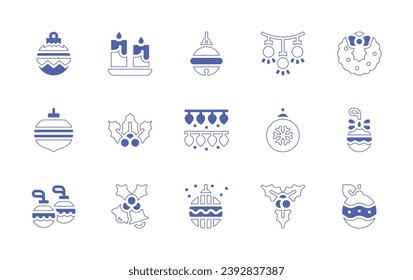 Christmas decoration icon set. Duotone style line stroke and bold. Vector illustration. Containing sleigh bell, lights, ball, christmas wreath, balls, candles, mistletoe.