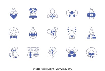 Christmas decoration icon set. Duotone style line stroke and bold. Vector illustration. Containing christmas ornament, christmas wreath, bells, ball, christmas tree, bell, bauble, baubles.