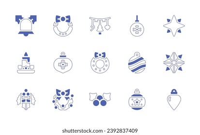 Christmas decoration icon set. Duotone style line stroke and bold. Vector illustration. Containing star, christmas ornament, christmas wreath, ball, bell, candle, mistletoe, ball.