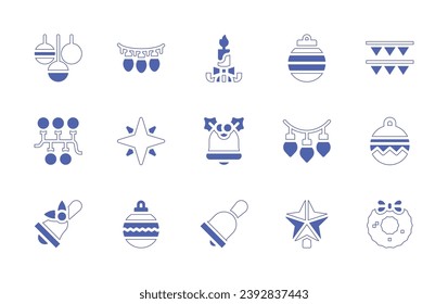 Christmas decoration icon set. Duotone style line stroke and bold. Vector illustration. Containing star, bauble, christmas wreath, christmas candle, christmas bell, bell, lights, pennants, baubles.