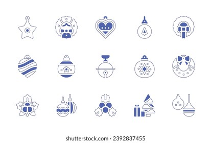 Christmas decoration icon set. Duotone style line stroke and bold. Vector illustration. Containing christmas wreath, christmas ball, christmas, jingle bell, mistletoe, star, ornament, design, bauble.