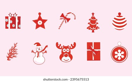 Icono de decoración navideña conjunto de ilustración vectorial. Resumen de decoraciones navideñas en rojo y blanco. Gristmas de doodles rojos