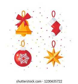 Christmas decoration icons in flat style. Vector holiday ornaments.