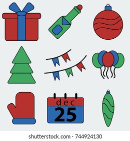 Christmas decoration icons, greeting card. Winter holidays. Vector Illustration EPS10.
