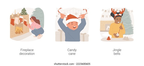 Christmas decoration isolated cartoon vector illustration set. Decorating fireplace with stocking for xmas holiday, boy making horns with candy canes, girl painting jingle bells vector cartoon.