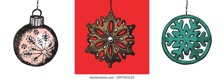 Christmas decoration isolated. Happy New year. Marry Christmas. Set of Various Christmas Tree Toys in Cute Folk Style. Ornate Colored Decorative Design Elements. Xmas Baubles Vector Illustration.