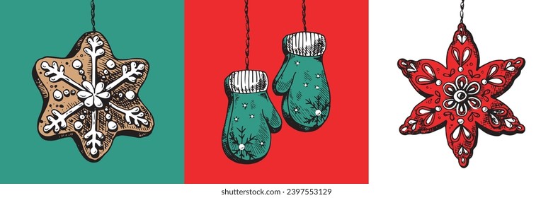 Christmas decoration isolated. Happy New year. Marry Christmas. Set of Various Christmas Tree Toys in Cute Folk Style. Ornate Colored Decorative Design Elements. Xmas Baubles Vector Illustration.