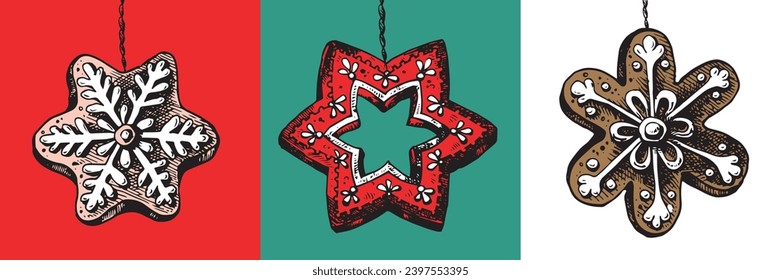 Christmas decoration isolated. Happy New year. Marry Christmas. Set of Various Christmas Tree Toys in Cute Folk Style. Ornate Colored Decorative Design Elements. Xmas Baubles Vector Illustration.