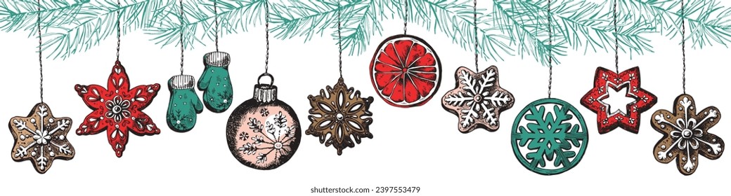 Christmas decoration isolated. Happy New year. Marry Christmas. Set of Various Christmas Tree Toys in Cute Folk Style. Ornate Colored Decorative Design Elements. Xmas Baubles Vector Illustration.