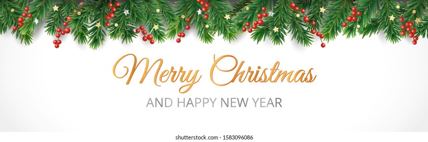 Christmas Decoration Isolated On White. Vector Holiday Border, Frame. Red Holly Berry On Pine Tree Branches. Merry Christmas Text. For Celebration Banners, Headers, Posters.