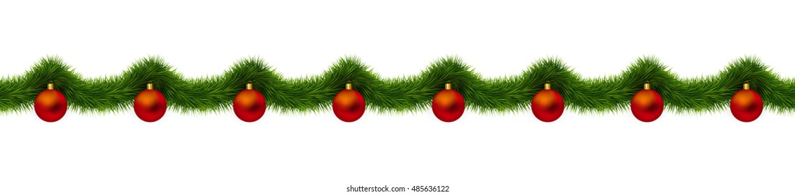 Christmas decoration isolated on white background. Detailed seamless vector. Red christmas balls and fir tree.