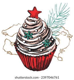 Christmas Decoration Isolated. Vector hand-drawn decoration pastries, gingerbread and cupcake. New Year Symbols set Hand drawn Retro Folk Art. Hand-sketched Clip Art. Digital Elements DIY Invitation