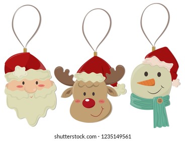 Christmas decoration items vector illustration. Set of christmas tree decoration items including Santa Claus, reindeer, and snowman wearing christmas hats. Christmas pastel cartoon.