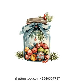 christmas decoration in jar vector illustration in watercolor style