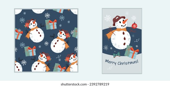 Kit de decoración navideña con diseño de patrones sin fisuras y plantilla de tarjetas de felicitación o afiches, ilustración vectorial plana sobre fondo azul oscuro. Fiesta de Navidad para envolturas y saludos.