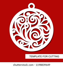 Christmas decoration - lace ball. Template for laser cutting, wood carving, paper cut and printing. Silhouette of a round toy. New Year theme. Vector illustration.