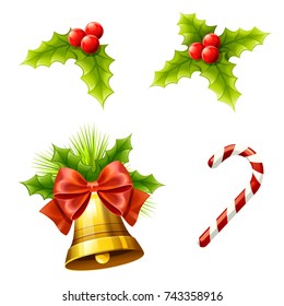 Christmas decoration with Christmas leaf, golden bell, red ribbon and candy 
on white background, Vector illustration. 