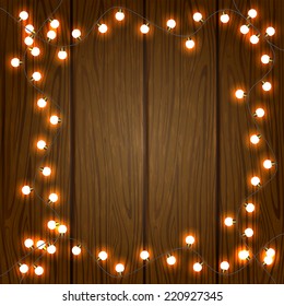 Christmas decoration with lights on wooden background, illustration.