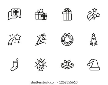 Christmas decoration line icon. Set of line icons on white background. Festive concept. Wreath, sock, present, firework. Vector illustration can be used for topics like Christmas, new year, decoration