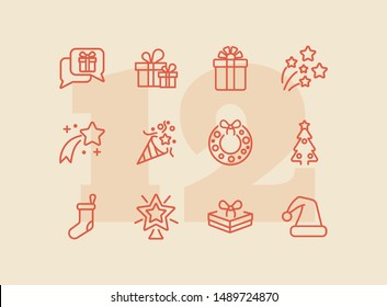 Christmas decoration line icon. Set of line icons on white background. Festive concept. Wreath, sock, present, firework. Vector illustration can be used for topics like Christmas, new year, decoration