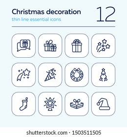 Christmas decoration line icon. Set of line icons on white background. Festive concept. Wreath, sock, present, firework. Vector illustration can be used for topics like Christmas, new year, decoration