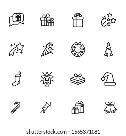 Christmas decoration line icon. Set of line icons on white background. Festive concept. Wreath, sock, present, firework. Vector illustration can be used for topics like Christmas, new year, decoration