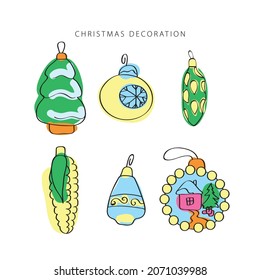 vector de línea de decoración navideña. Conjunto de iconos aislados. Colección de símbolos de esquema. Fondo vintage.  Símbolo tradicional de vacaciones.