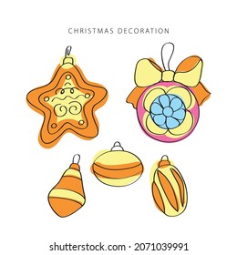vector de línea de decoración navideña. Conjunto de iconos aislados. Colección de símbolos de esquema. Fondo vintage.  Símbolo tradicional de vacaciones.