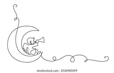 Christmas decoration. Little cute Angel with flute on Moon. Continuous one line drawing. Hand drawn vector illustration