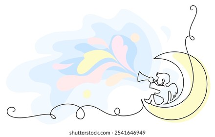 Christmas decoration. Little cute Angel with flute on Moon. Continuous one line drawing with color splash. Hand drawn vector illustration