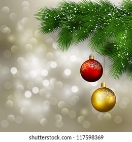 Christmas decoration. Merry Christmas card with pine and balls