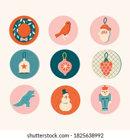 Christmas decoration mid century icon and label set vector.