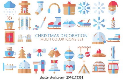 Christmas decoration multi color icons set. Winter holiday collection, snow, gloves, sled, bible and others. symbols for mobile apps, UI, UX kit and applications, EPS 10 ready convert to SVG svg