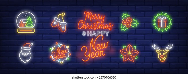 Christmas decoration neon sign set. Reindeer, Santa Claus, poinsettia, snow globe. Vector illustration in neon style, bright banner for topics like Xmas, December holidays, vacation