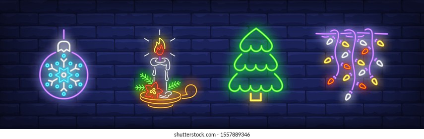 Christmas decoration in neon style set. Christmas ball, garland, Christmas tree. Night bright advertisement. Vector illustration in neon style for banner, billboard