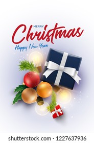 Christmas decoration objects and Christmas gift box with magical lights. Christmas and new year greeting and poster design. White background. 