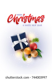 Christmas decoration objects, Christmas gift box with magical lights. Christmas and new year greeting and poster design.  