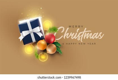 Christmas decoration objects. Half open Christmas gift box with magical lights on golden background. Christmas and new year greeting and poster design.  