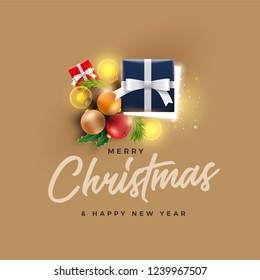 Christmas decoration objects. Half open Christmas gift box with magical lights on golden background. Christmas and new year greeting and poster design.  