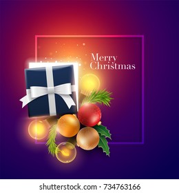Christmas decoration objects, half open Christmas gift box with magical lights and Merry Christmas and Happy New Year text. Surprise concept. 