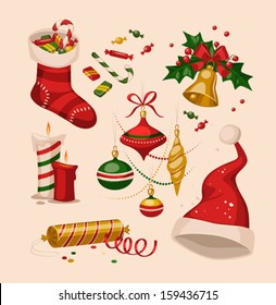 Christmas decoration objects. Vector illustration.