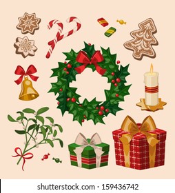 Christmas decoration objects. Vector illustration.