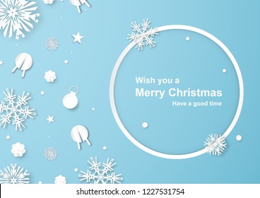 Christmas decoration on blue background in paper cut and craft with snowflake. 
Vector illustration in digital craft style.