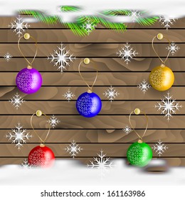 Christmas decoration on colorful wooden background . Christmas background. Background with Christmas balls, vector illustration. Card with Christmas balls 